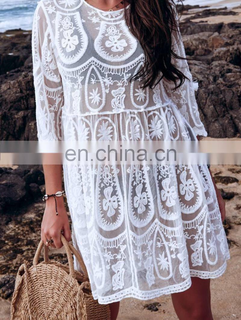 Summer Swimsuit Lace Crochet Hollow Beach Bikini Cover Up Women Tops Swimwear Beach Dress White Beach Tunic Loose Shirt
