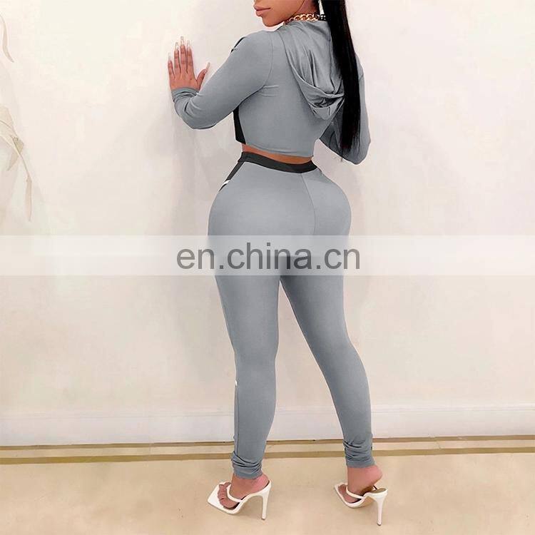 2020 Fall Fashion Woman Clothes Round Neck Crop Top High Waist Pants Two Piece Set