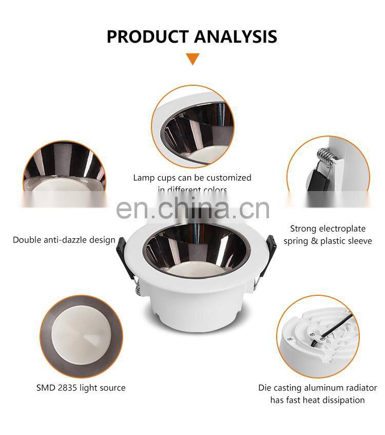 Tri Color Die Casting Aluminum Indoor Housing Office Recessed SMD2835 5Watt LED Downlight