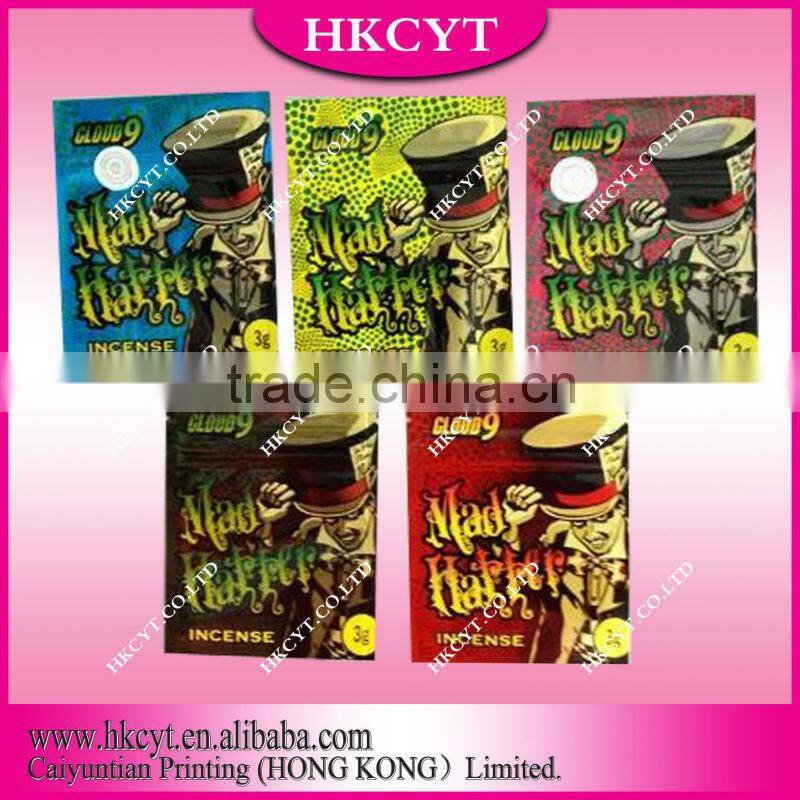 Clorful packaging bag with zipper top/custom herbal incense bags