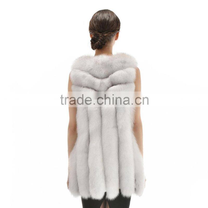 New Arrival Long Style 2015 Luxurious Whole Hide Big Bar Real White Fox Fur Vest With Trimming