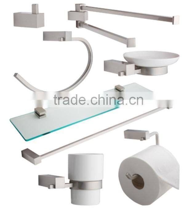 8 Piece square Wall Kit Includes: Robe Hook, Soap Dish, Double Towel Handle, Towel Bar, Glass Shelf, Tumbler, TP holder..