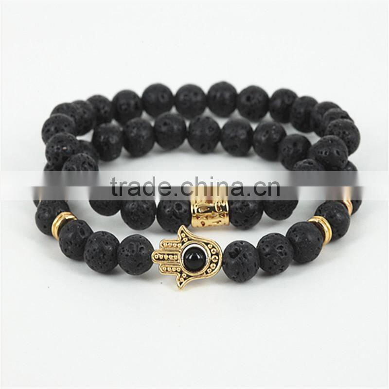 KJL-0100 New Design Black Natural Stone Lava Energy Beads Bracelet Black Agate Hamsa Bracelet For Uniex