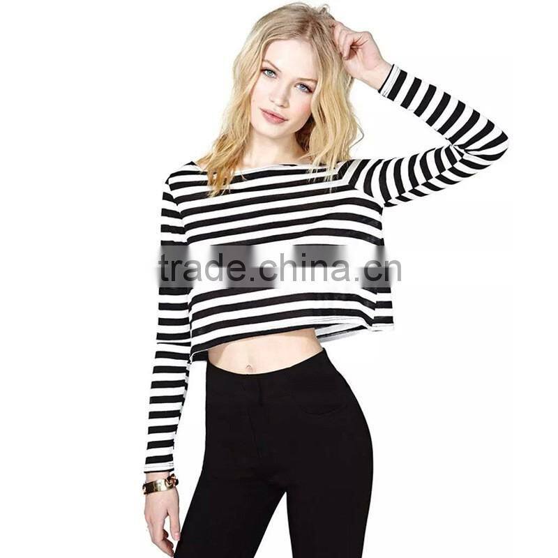 JPSKIRT1508894 Hot Sale Women White Black Stripe Short Tshirt