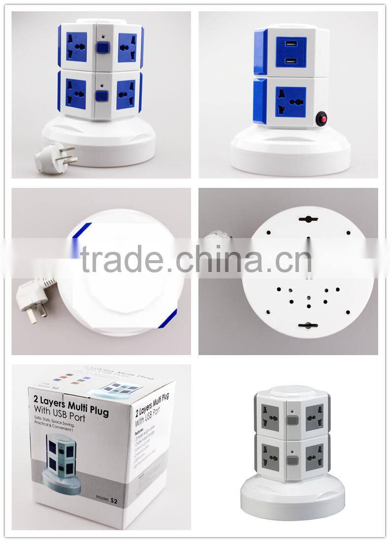ME-S2 2 layer CE approved 220V Mult Vertical Desktop Tower Plug Socket with 2 usb port and 1 meter power line for home/office