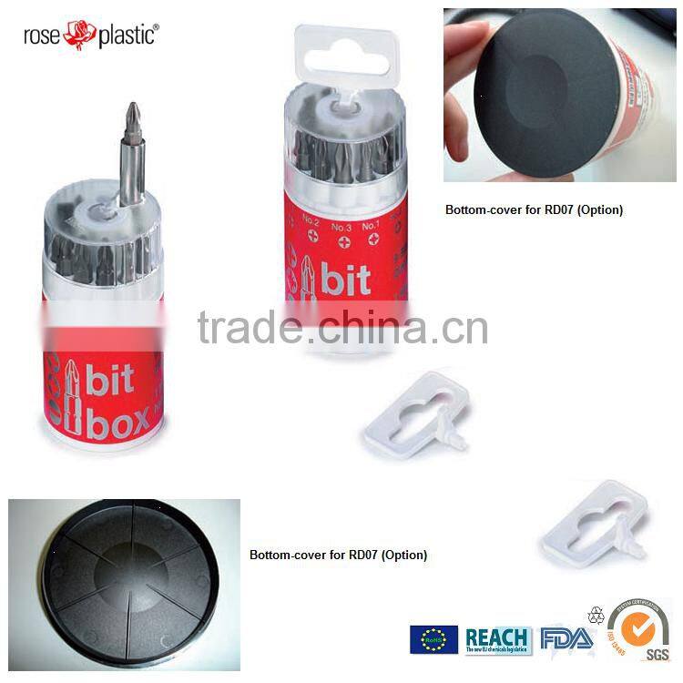 Plastic box which can hold nine bits plus a bit holder with anti-theft pin and hanging loop which can be labelled Bit Pack BP