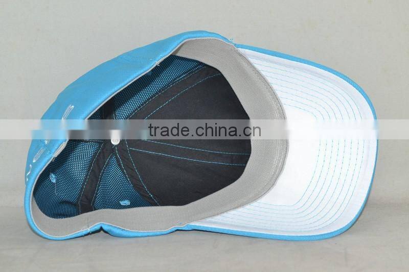 Guangzhou hat factory professional custom 6 panel 100% polyester 3 d embroidery logo light blue Outdoor sports cap