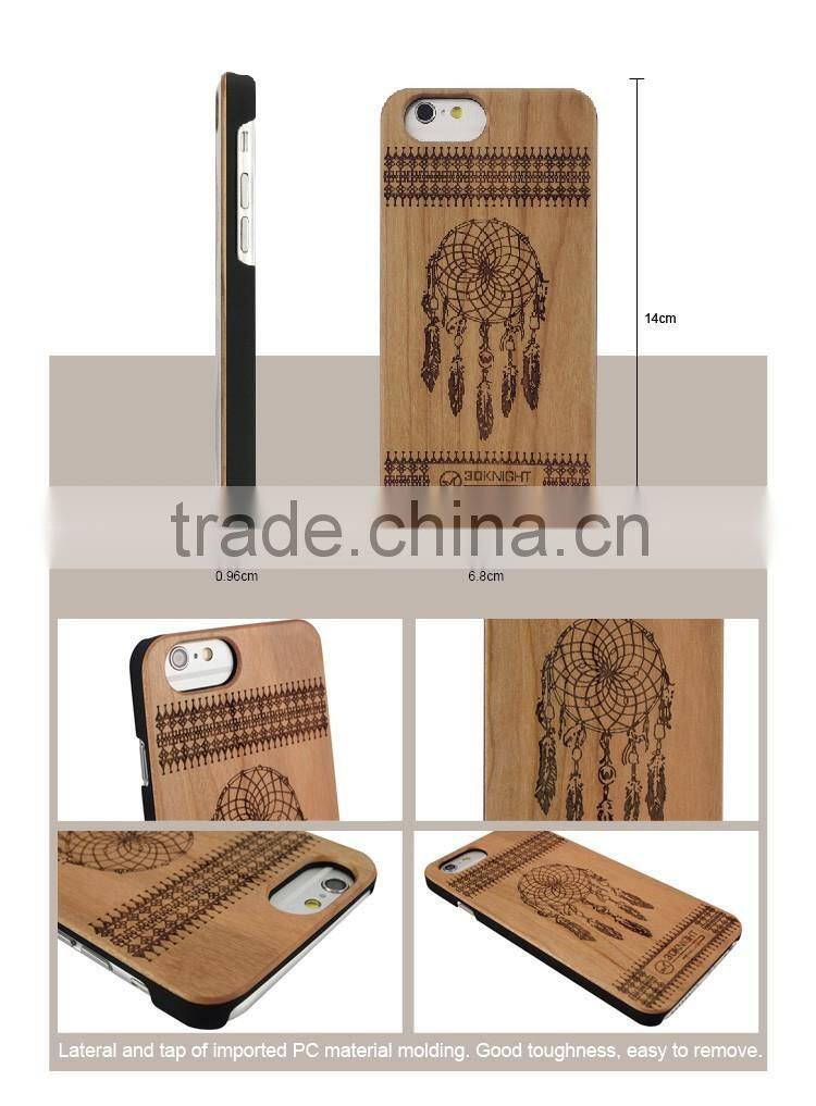 2016 Fashion DIY Laser Engraving Natural Cherry Wood Yellow Case for iPhone 6 6s, Wooden Carved Cover for iPhone 6 6s Plus