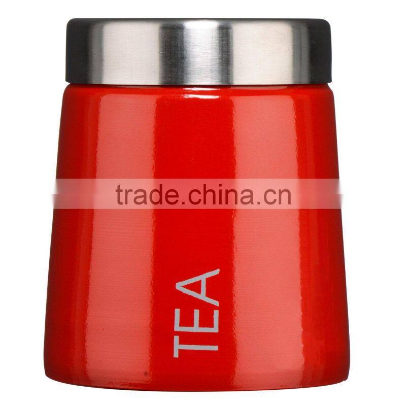 Red tea Coffee Sugar Canisters stainless steel lip set of 3