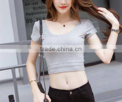 2016 Latest Fashion Sexy Women Short Sleeve High Waist Solid Color Belly Button Low Curves Slim Tight T- shirt