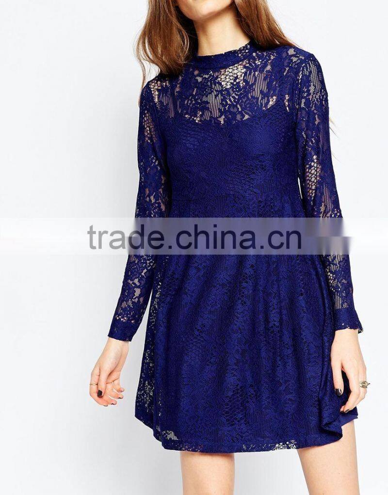 100% Polyester Round neckline Lightweight Babydoll Model Women Sexy Casual Lace Dress