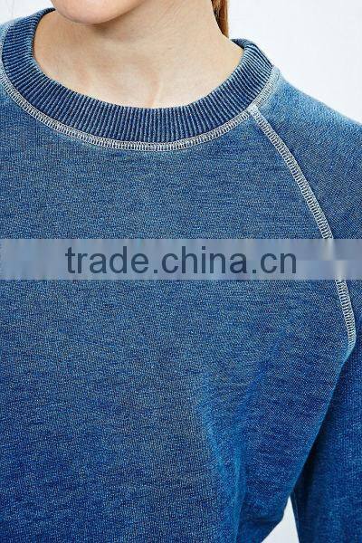 Custom top stitch sweatshirts, cotton acid vintage wash french terry blank wholesale plain crewneck raglan sweatshirt women