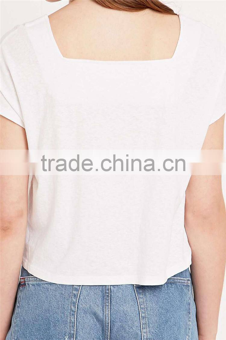 Square neck plain t shirt without collar blank white t shirt