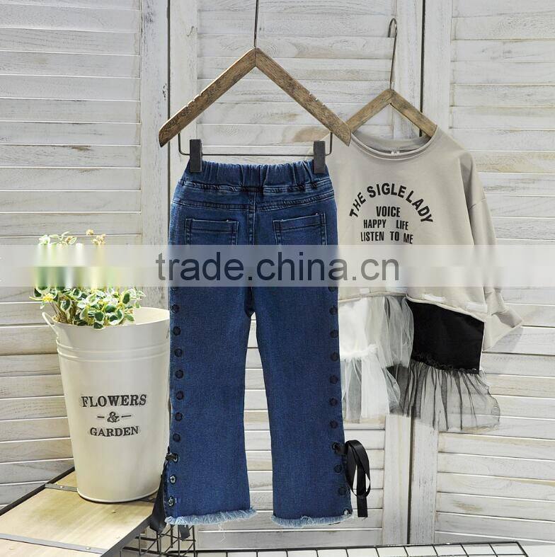 2-7 years Wholesale 2017 Hot Selling Girls Denim Bow Pants Autumn Holes Fashion Girls Jean Flare Pants