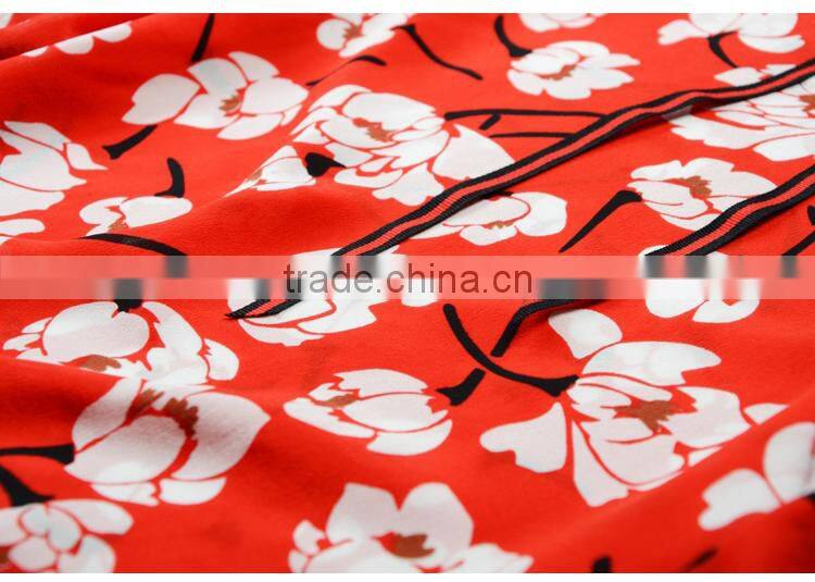 wholesale custom long sleeve silk blouse printing red floral high-necked daily top for ladies summer Blouse