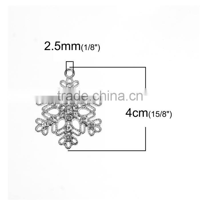 Zinc Based Alloy Pendants Christmas Snowflake Silver Tone Clear Rhinestone