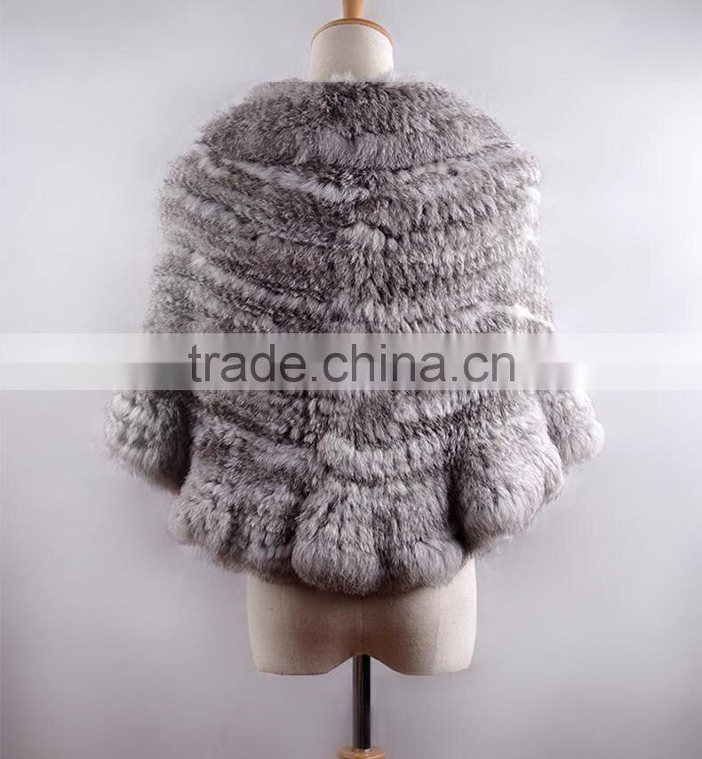 YR433 Women stretch real rabbit fur cape Thick Knit Top Quality Fur Shawl