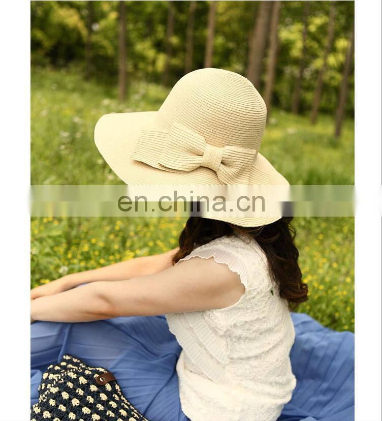 Korean Summer Bowknot Straw Hat Sandbeach Large Brimmed Hat Topee