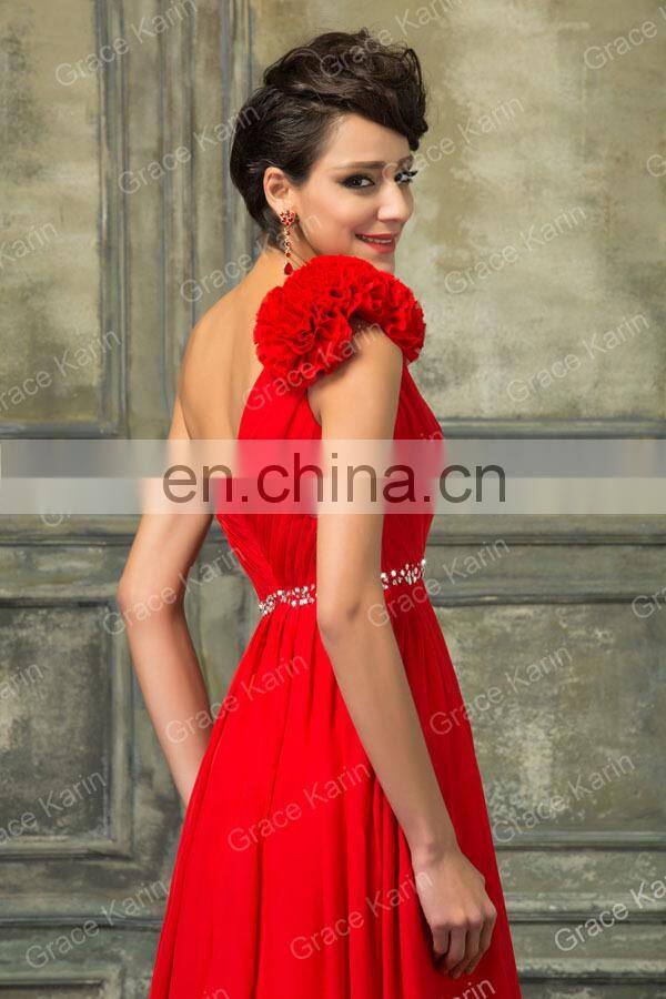One Shoulder Flower Red Long Grace Karin Chiffon Bridesmaid Dress CL4411