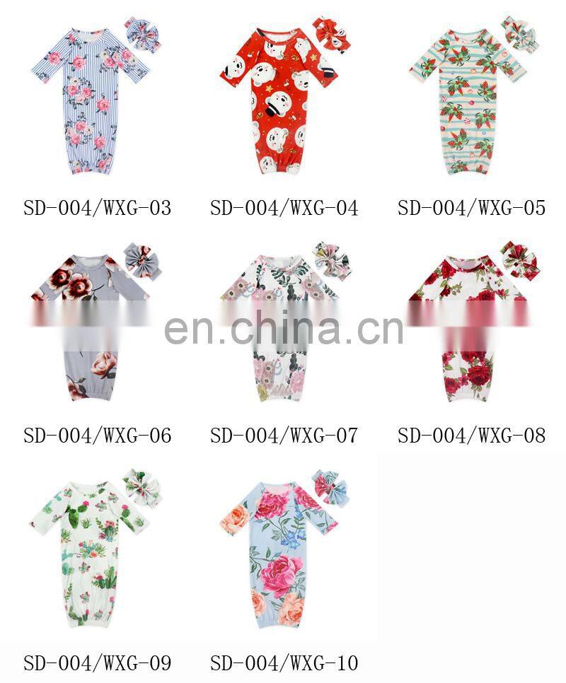 Newest Prints Baby Gowns With Knot Long Sleeve Infants Sleepwear Wholesale Toddler Pajamas Clothes bag
