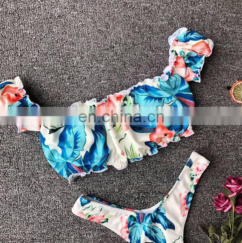 2019 Sexy Flower Print Bandeau Bikini Thong Swimsuit Women Push Up Swimwear Summer BeachWear Ruffle High Cut Bikini Bathing Suit