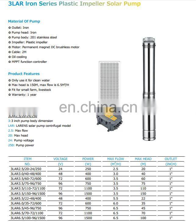 3LAR Brushless plastic impeller 24V 48V 72V 96V deep well solar water pump