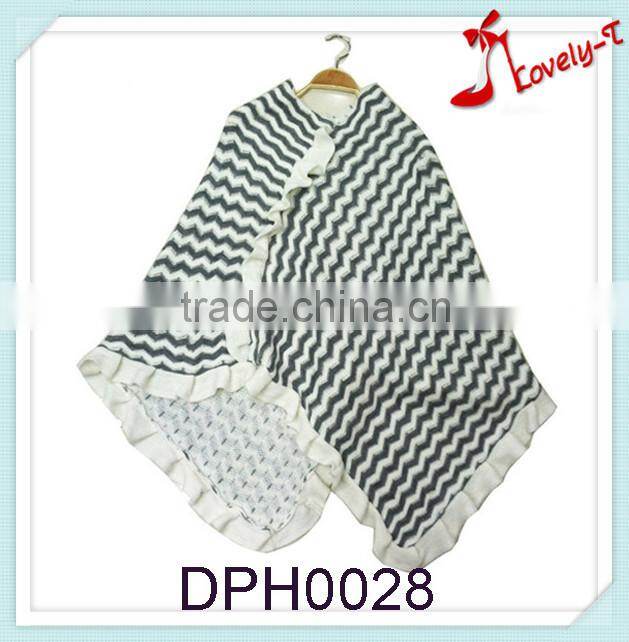 Hot sale stylish knit girls stripe pullover poncho sweater with falbala on fringe