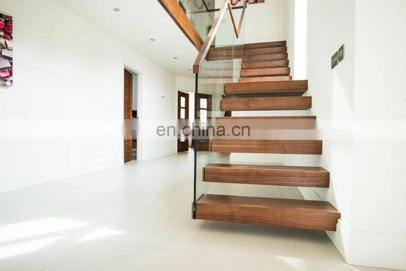 Wood Straight Staircase For Tempered Glass Railing