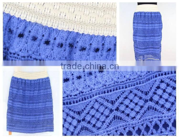 New design promotional soft latest fashion blue knit lace crochet lace skirt for women in stock