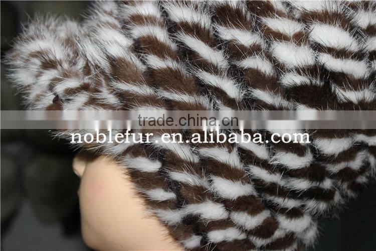 high quality fancy mink fur and fox fur ball/pretty knitted headwear with pompom