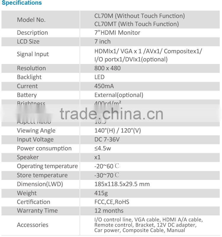 7 inch 16:9 & 4:3 switchable 10-point touch capacitive screen