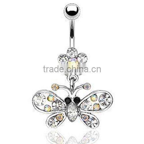 Surgical flower Butterfly With Multi Gem Dangle Navel Belly Ring