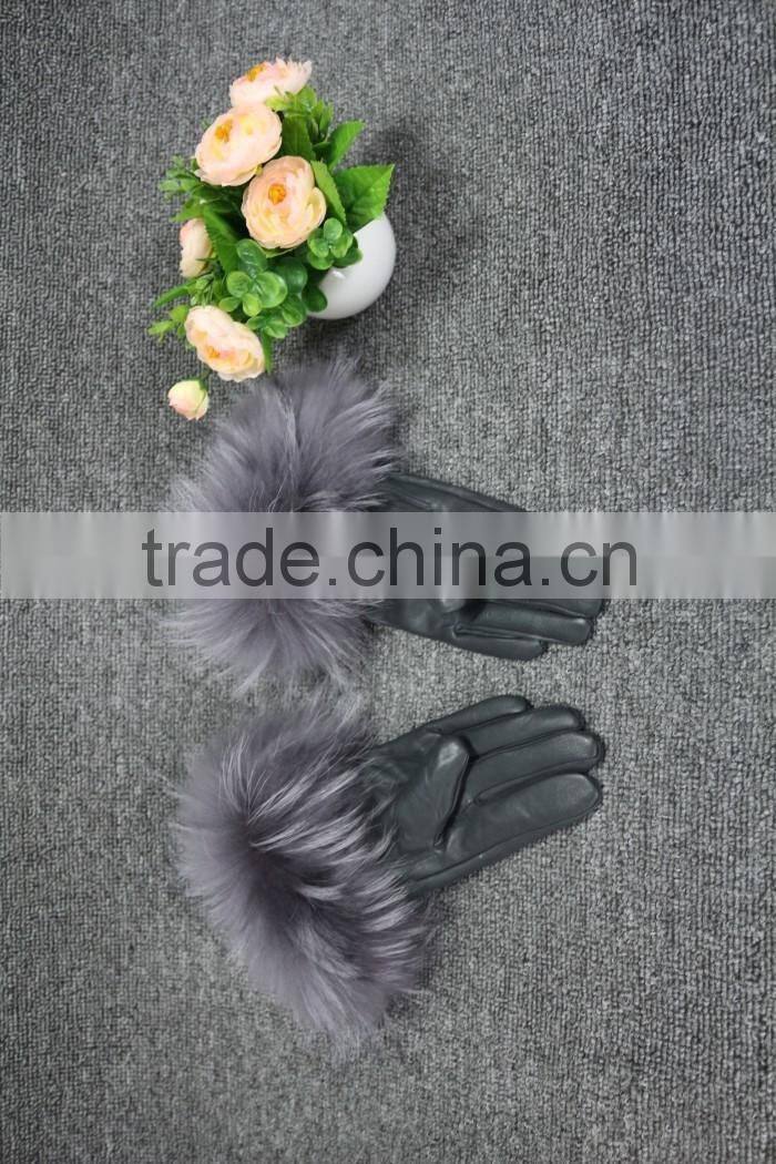 Fashion lady leather glove fur cuff glove fox leather glove hot sale