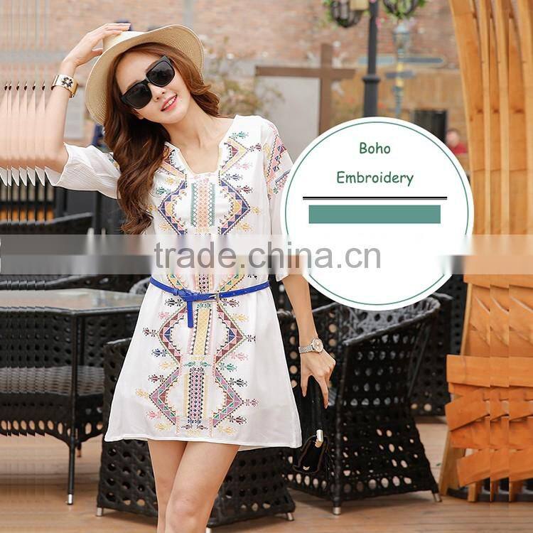 2016 Summer Fashion Women Midi Dresses Ladies Cotton Linen Half Sleeve Ethnic Embroidery Short Frock White Women Dress Model