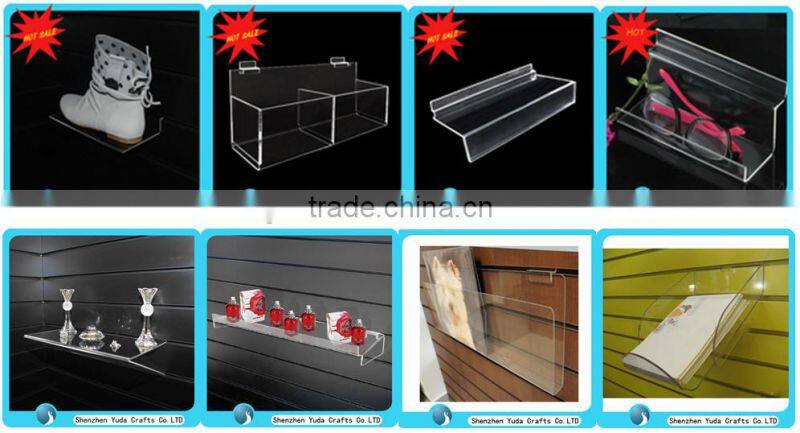 Fluorescent yellow slatwall acrylic high heels display, lucite flat shoes display rack