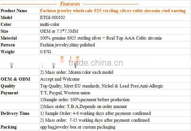Fashion jewelry wholesale 925 sterling silver AAAAA cubic zirconia stud earring