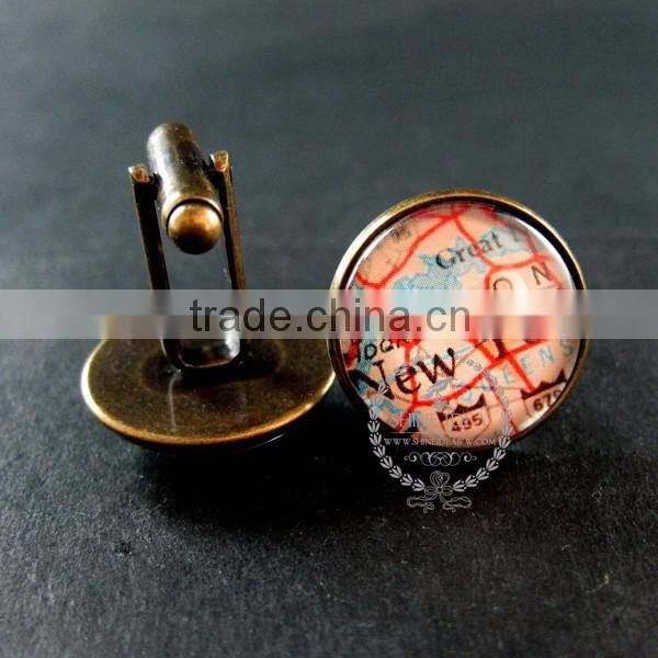 20mm vintage antiqued bronze New York old map art collage glass cabochon round cufflinks fashion wedding cuff links 6600040