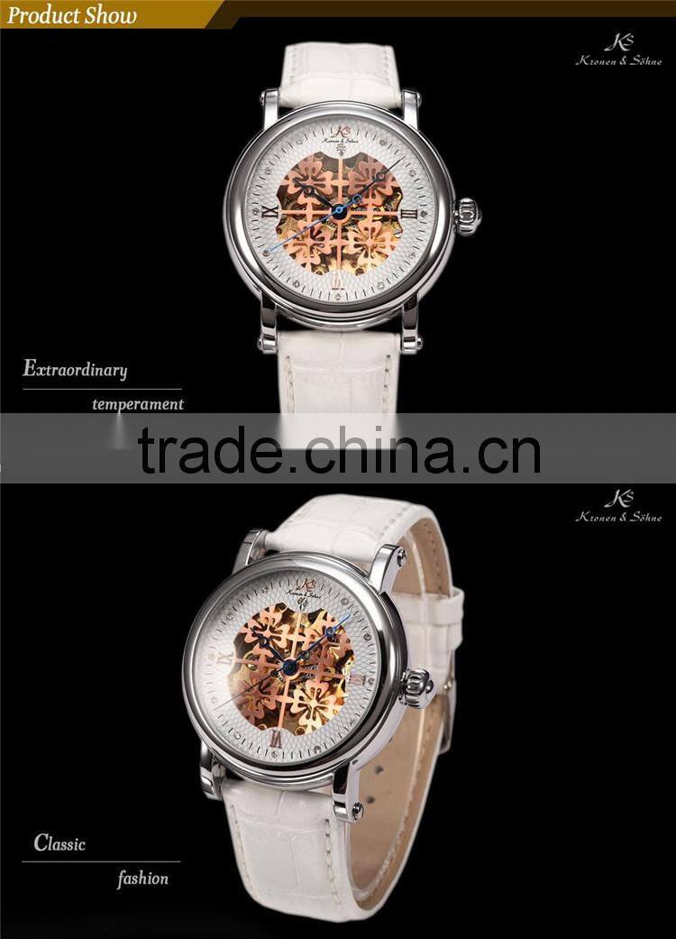 2015 Fashion Roman White Leather Band Skeleton Mechanical Automatic Men Watch