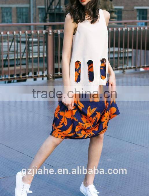 NEW Fashion Casual High Waisted A -line skirt printed women dress +hollow-out hem sleeveless tops