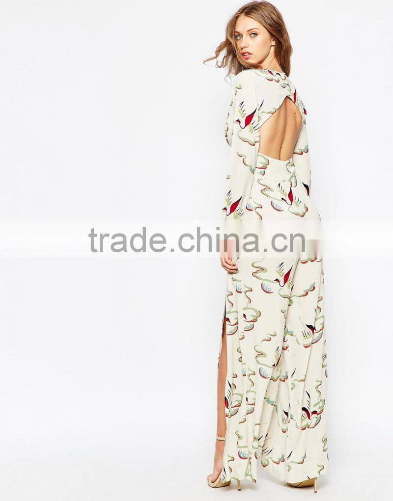 2015 China factory OEM ODM fashionable customized Painterly Bird Print Jumpsuit with Thigh splits