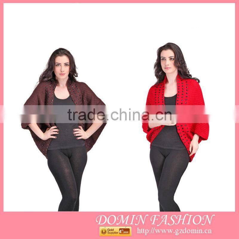 Lady Fashion Cardigan Acrylic Beading Cardigan Bat Sleeve Design