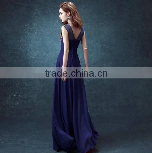 navy blue chiffon beaded sleeveless long ethnic evening dress