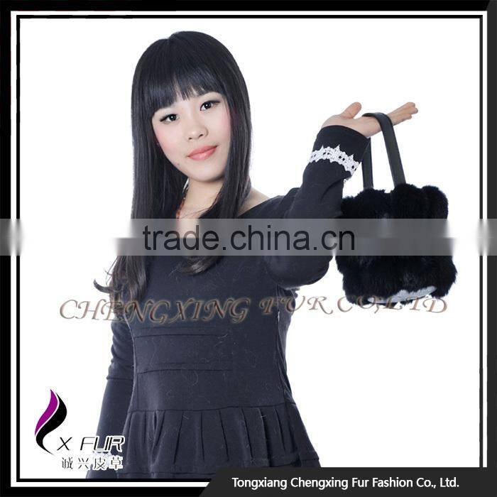 CX-H-08 High Quality Black Genuine Rabbit Fur Hand Bag Fur Pom Pom