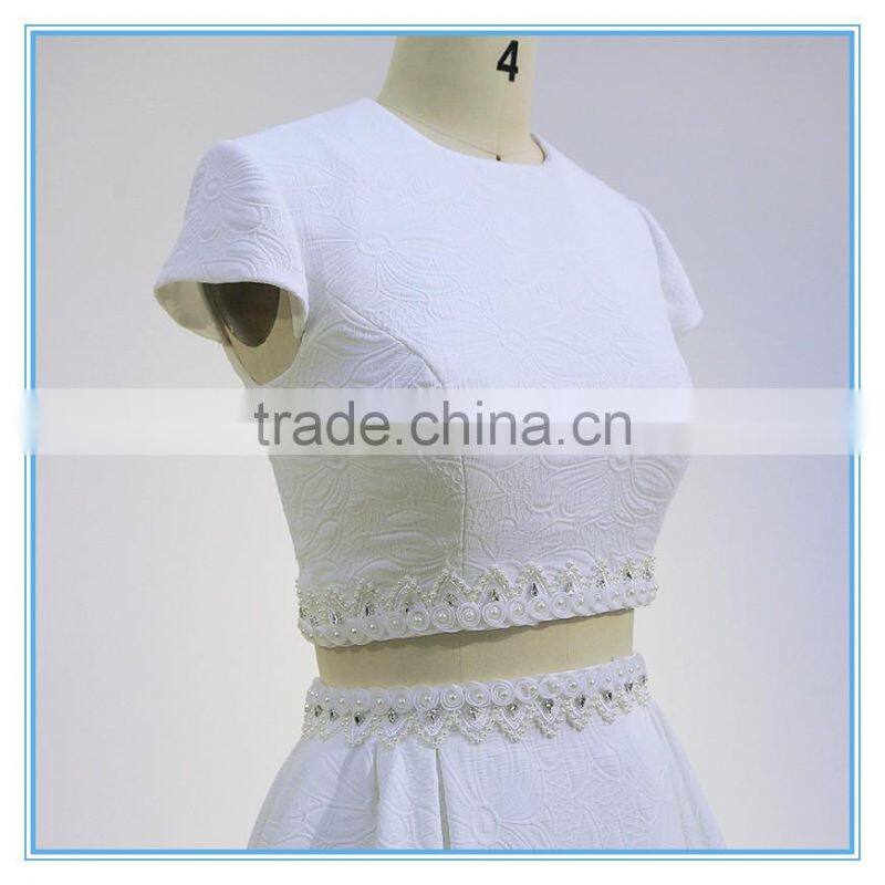 New design two piece front short back long trailing wedding dress