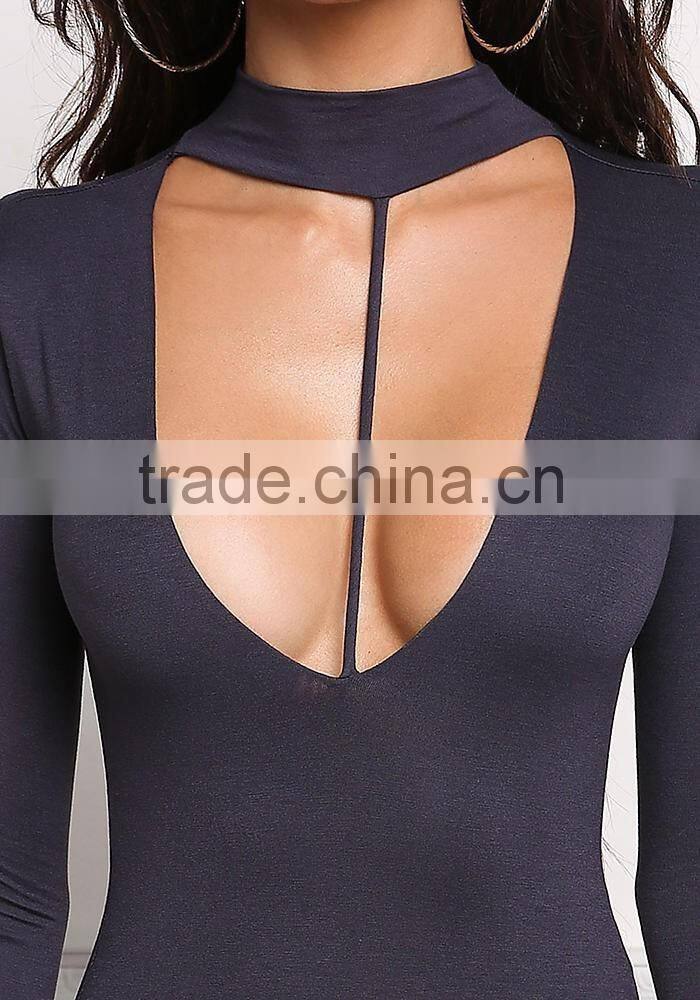 MGOO 2017 New Arrival T-strap Plunge Bodysuits Custom Long Sleeves Tops Polyester Spandex Women Blouses