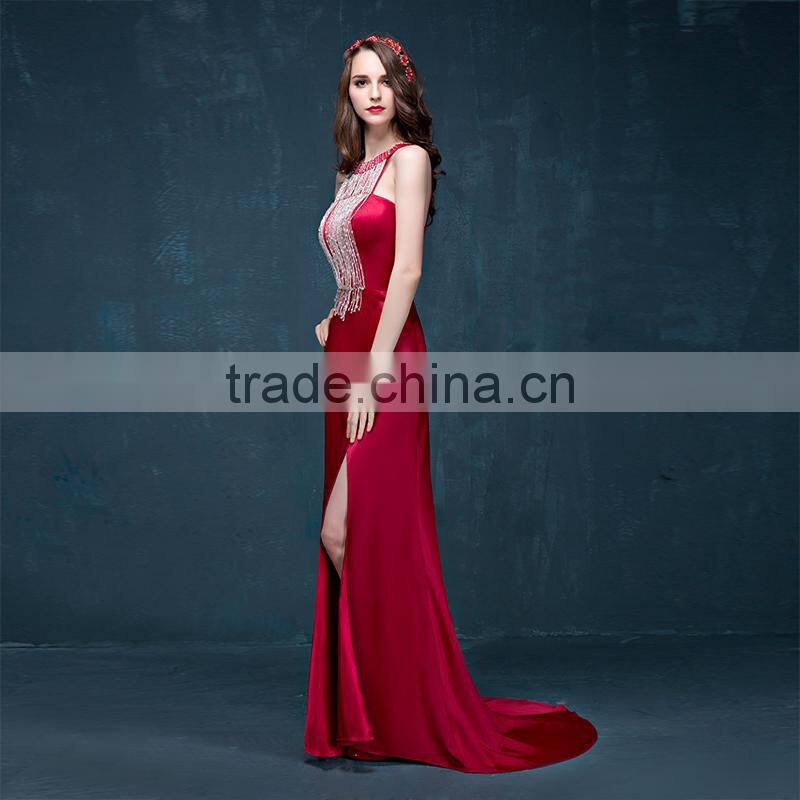 MGOO High Quality Satin Halter Long Dresses Diamond Split Leg Floor Length Pattern Plain Sexy Prom Dress 2072