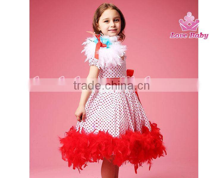 Fashion Red Polk Dot Dress Feather on Shoulder Wedding Tutu Dress for Child Girls