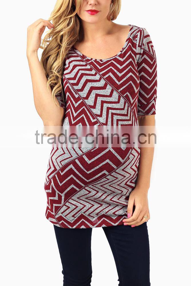 CHINESE MANUFACTURER BURGUNDY GREY GEOMETRIC CHEVRON PRINTED MATERNITY TOP