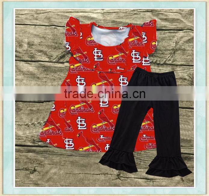 Beauty child summer clothes cheap cotton fabr red top and black long pants