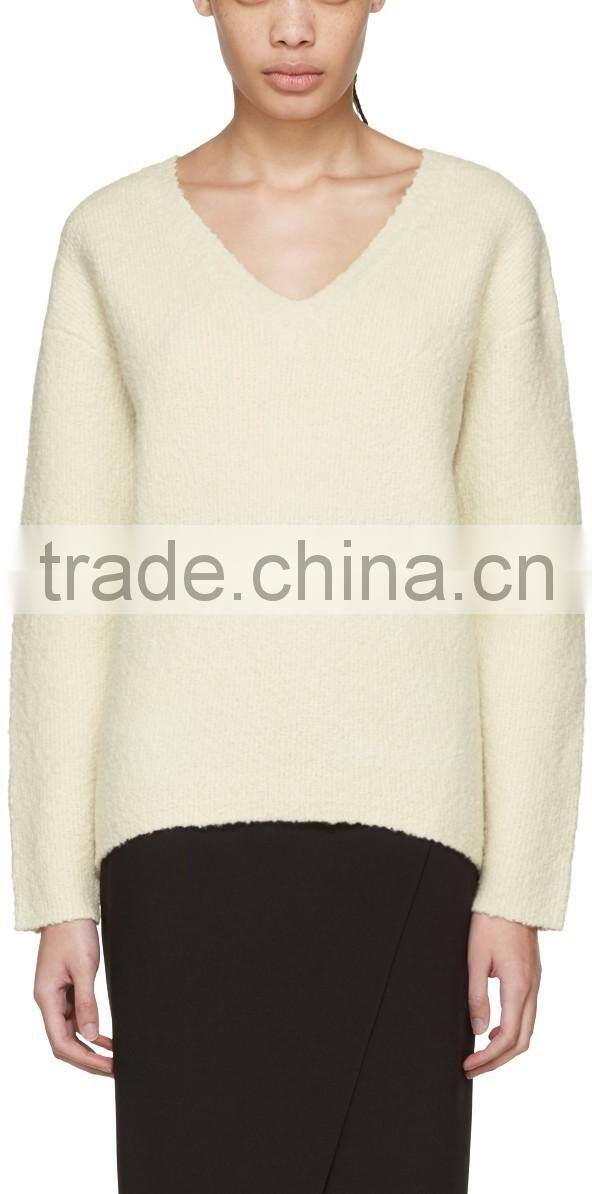 Custom Made Long Sleeve Wool Blend Boucle Pullover Sweater in Off White for Women